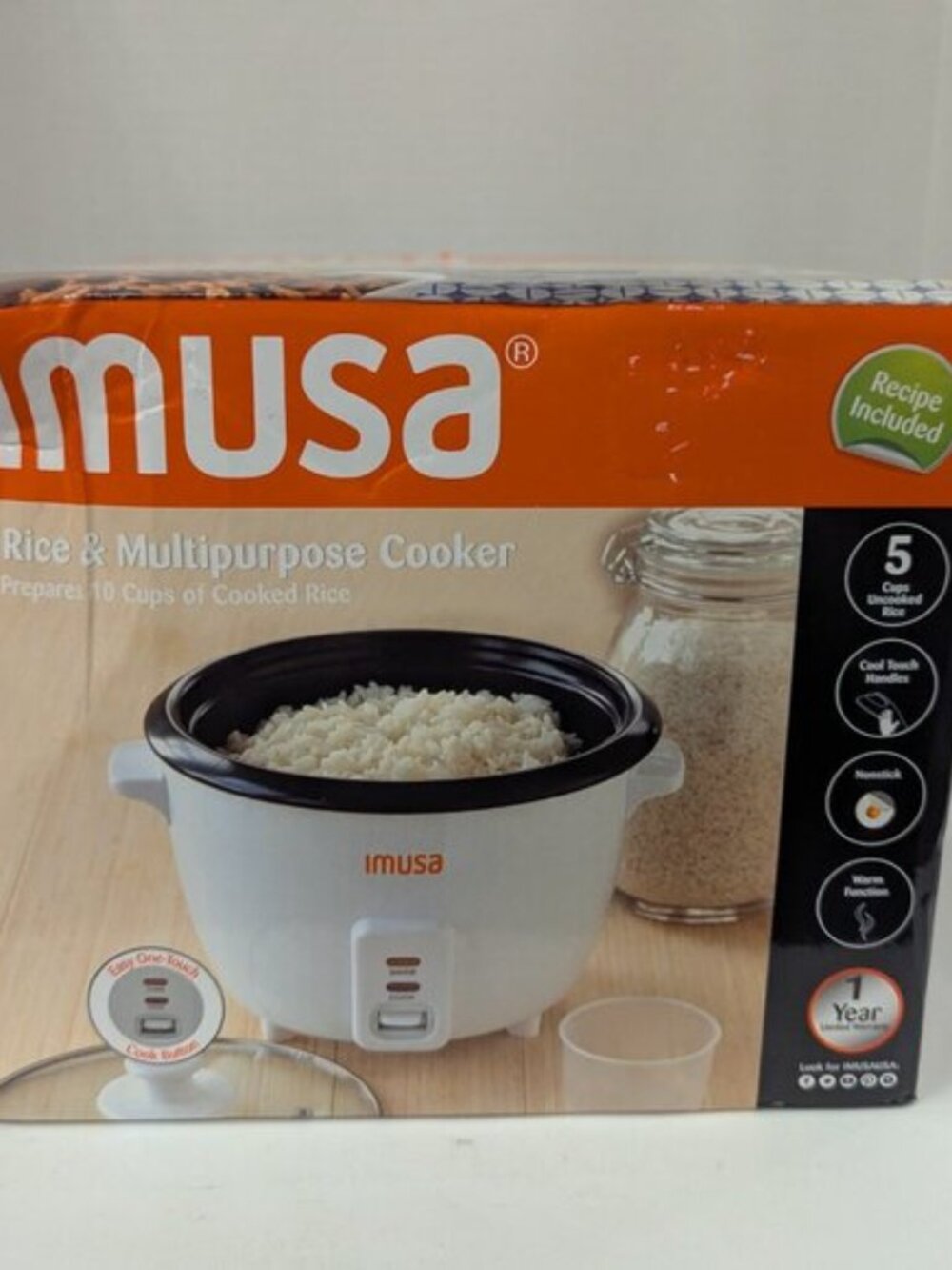 IMUSA 5-Cup Electric Rice Cooker – Nonstick Pot, White, 10-Cup Cooked